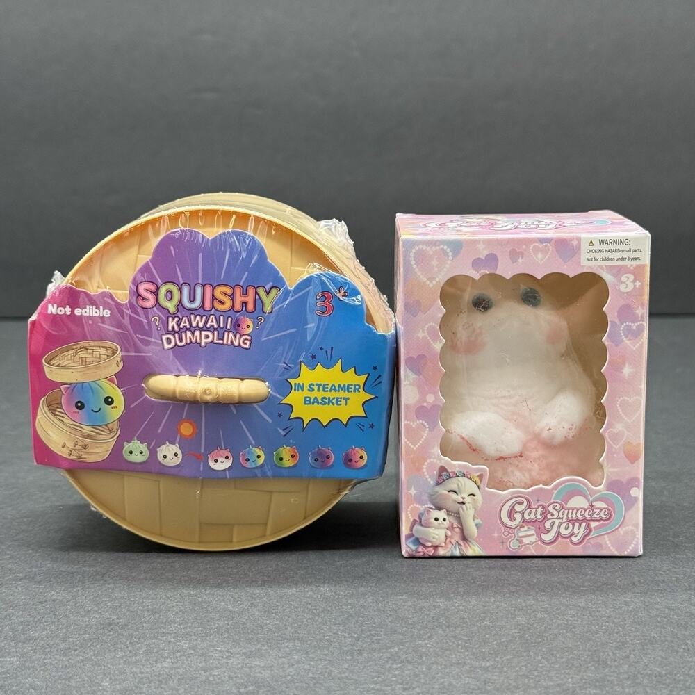 Rainbow Mystery Squishy Bun Dumplings Blind Surprise 3.5" & Cat Squeeze Toy